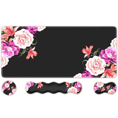 iLeadon Mouse Pad Set, Peony Flower Desk Mat for Keyboard and Mouse | Mouse Pad and Keyboard wrist rest,Coaster, Desk Mat Set with Stitched Edge & Non-Slip Base, Desk Pad Mat for Work Gaming - color: Peony Flower