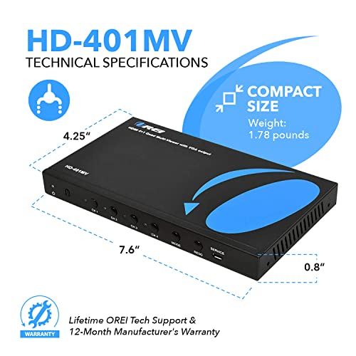 OREI 4x1 Quad Multi Viewer Switch - 1080p IR 3.5mm/Analog HDMI 1.4 HDCP 1.4 | Multiviewer, HDMI Switch 4x1 – 5 Display Modes, VGA Output, LPCM 2CH Audio, 4.95Gbps, Auto Input Detection - style: 4x1 Multiviewer - 1080p with VGA