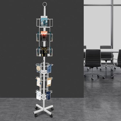 Rotating Greeting Card Rack, 6 Tiers 24 Greeting Card Display Stand Cold Rolled Steel Pocket Rotating Holder Portable Postcard Holder w/4 Universal Wheels for Classrooms Offices Libraries