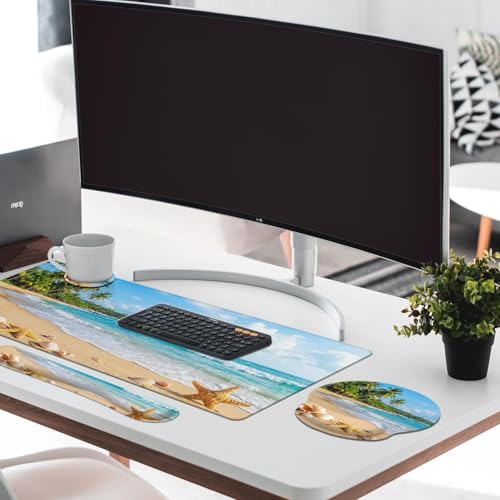 Britimes Beach Tropical Coastal Keyboard Mouse Pad Set Ocean Seashell 4in1 Large Mousepad+Keyboard Wrist Rest+Mouse Wrist Rest+Coaster Ergonomic Design for Home Office Computer 35.4x15.7 inches - color: Beach Tropical Coastal