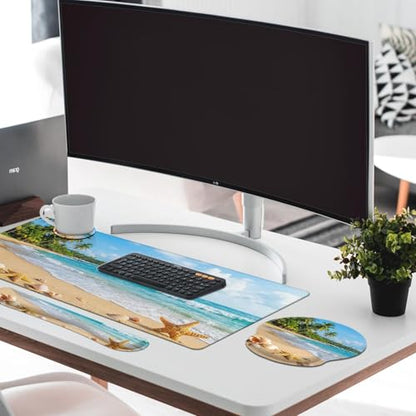 Britimes Beach Tropical Coastal Keyboard Mouse Pad Set Ocean Seashell 4in1 Large Mousepad+Keyboard Wrist Rest+Mouse Wrist Rest+Coaster Ergonomic Design for Home Office Computer 35.4x15.7 inches - color: Beach Tropical Coastal