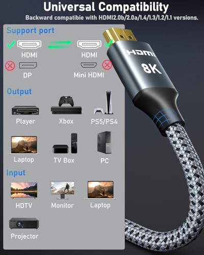 ARISKEEN 8K HDMI Cable 3FT 2-Pack, 48Gbps High Speed HDMI 2.1 Cable, 8K 60Hz, 4K 120Hz 144Hz Support for HDR 10, HDCP 2.2 2.3, eARC, DTS:X, Braided HDMI Cord Compatible with Laptop/HDTV - 3 Feet - size: 3 Feet