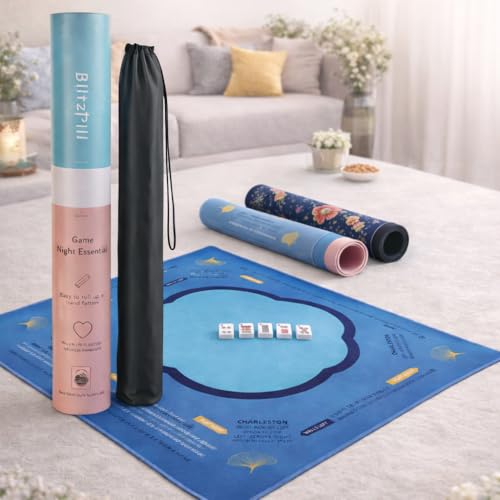 Mahjong Mat & Mah Jongg Mat for Table - Waterproof & Silent, 3mm Thick Non-Slip Game Pad with Unique Designs, Carry Bag & Gift Tube - Premium Mahjongg Accessories（31.5" x 31.5"） Blue - color: Blue