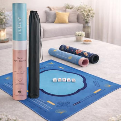 Mahjong Mat & Mah Jongg Mat for Table - Waterproof & Silent, 3mm Thick Non-Slip Game Pad with Unique Designs, Carry Bag & Gift Tube - Premium Mahjongg Accessories（31.5" x 31.5"） Blue - color: Blue