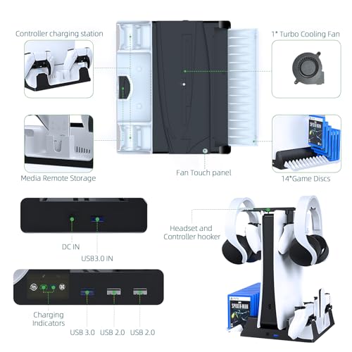 JOYTORN PS5 Vertical Stand with Cooling Fan and Dual Controller Charger Station for PlayStation 5/Slim Console, PS-5 Accessories with Headset Hooker,14 Game Rack Storage, Media Remote Organizer