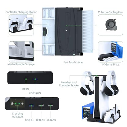 JOYTORN PS5 Vertical Stand with Cooling Fan and Dual Controller Charger Station for PlayStation 5/Slim Console, PS-5 Accessories with Headset Hooker,14 Game Rack Storage, Media Remote Organizer