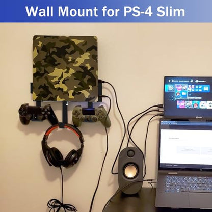 Wall Mount Bracket Compatible for PS4 Slim,PS4 Slim Wall Mount Holder | with Detachable 2 Controller Holder & Headphone Hanger,Mount on The Wall or The Back of The TV
