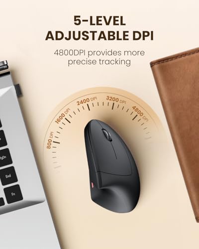 POJTK Ergonomic Wireless Rechargeable Mouse, Bluetooth+USB A+Type C(3 in 1) Connection, 5 Levels Up to 4800 DPI, 6 Silent Buttons, 2.4GHz Carpal Tunnel Vertical Mice, for Laptop, Desktop,MacBook-black