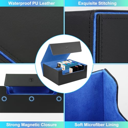 Trading Card Storage Box, Holds 1800 Sleeved Card, PU Magnetic Closure | 200 Toploaders and 600 Penny Sleeves INCLUDED, 10 Dividers and 6 Foam Stoppers INCLUDED, Fit for MTG, TCG and Sports Cards - color: Black and Blue