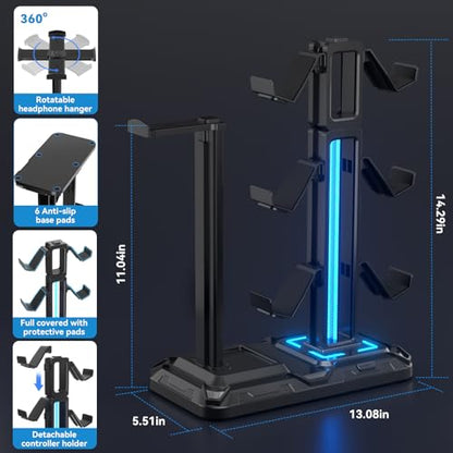 KDD RGB Multi-Controller Holder with 9 Light Modes - Rotatable Universal Headphone Hanger - Controller Stand with 6 Detachable Hooks for Desktop Gamer Accessories