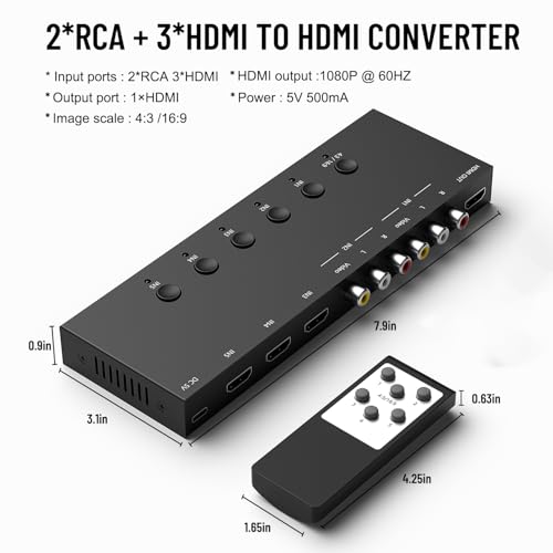 5In to 1Out HDMI/AV Switch (2 AV Input+3 HDMI 2.0 Inputs) RCA to HDMI Converter for PS1/2/3/4/5, N64, SNES, Switch, DVD, Roku etc. - style: 3HDMI+2AV to HDMI Converter