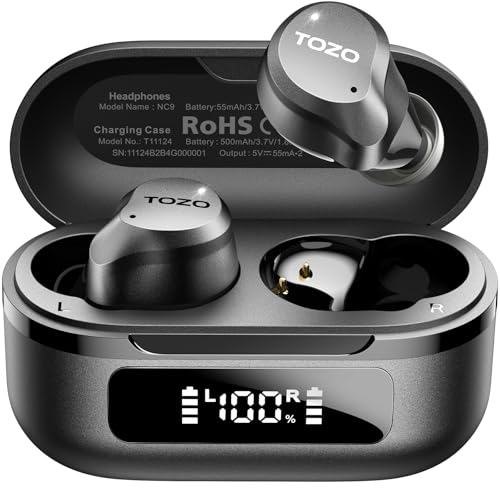 TOZO NC9 Hybrid Active Noise Cancelling Wireless Earbuds, 60H, LED Display | 6 Mic ENC Clear Calls, Deep Bass Sound, IPX8 Waterproof, in Ear Bluetooth 5.3 Headphones,32 EQs via APP, Comfort Fit Ear Buds - color: Dark Black