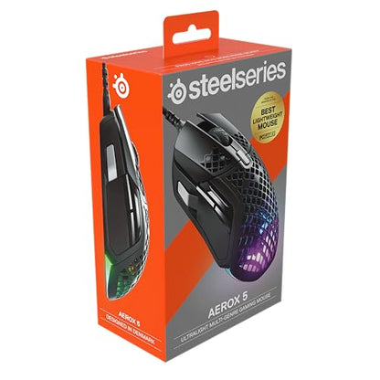 SteelSeries Aerox 5 - Holey RGB Gaming Mouse - Ultra-lightweight Water Resistant Design - 18K DPI TrueMove Air Optical Sensor | TrueMove Air sensor with 9 buttons and 66g weight for precision, speed and durability - style: Wired