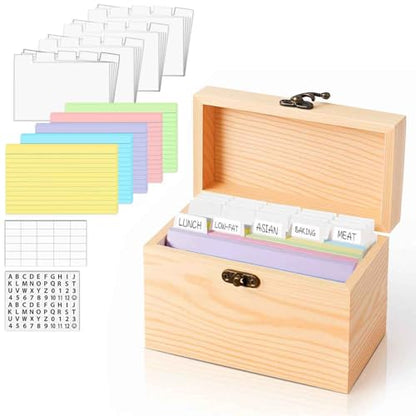 MOBYKE Index Card Holder 4x6, 100 Pcs Heavy-Duty Index Card Business Card Organizer Wooden Recipe Box with Dividers Flash Card Holder with 30 White Dividers, 1 Blank Sticker and 1 Letter Sticker - color: White, size: 4x6