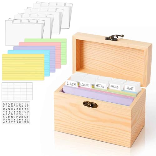 MOBYKE Index Card Holder 4x6, 100 Pcs Heavy-Duty Index Card Business Card Organizer Wooden Recipe Box with Dividers Flash Card Holder with 30 White Dividers, 1 Blank Sticker and 1 Letter Sticker - color: White, size: 4x6