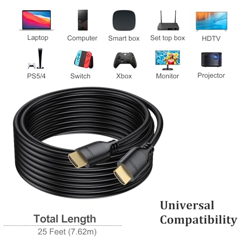 Long HDMI Cable 25 FT 2-Pack, 4K HDMI Cable 25 Feet High Speed HDMI Cord 2.0 4K@60Hz, 2K 1440P@144Hz, 1080P, HDCP 2.2, HDR, 3D, ARC & Ethernet for HDTV, Laptop, Monitor, PS5, PS4, Xbox - size: 25FT