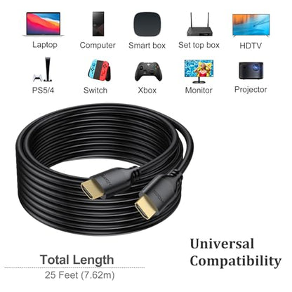 Long HDMI Cable 25 FT 2-Pack, 4K HDMI Cable 25 Feet High Speed HDMI Cord 2.0 4K@60Hz, 2K 1440P@144Hz, 1080P, HDCP 2.2, HDR, 3D, ARC & Ethernet for HDTV, Laptop, Monitor, PS5, PS4, Xbox - size: 25FT