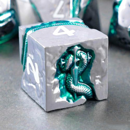 Ancient Serpent Metal DND Dice Set, 7 Piece Polyhedral RPG Dice for Dungeons and Dragons, Weighted Zinc Alloy Tabletop Dice with Storage Gift Case - color: Silver White