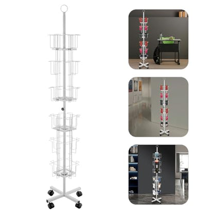 Rotating Greeting Card Rack, 6 Tiers 24 Greeting Card Display Stand Cold Rolled Steel Pocket Rotating Holder Portable Postcard Holder w/4 Universal Wheels for Classrooms Offices Libraries