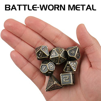 ENHANCE DND Metal Dice Set - 7pc Polyhedral Dice with Storage Case and Drawstring Bag - Solid Metal Set for Dungeons and Dragons, Pathfinder, More RPGs (Ancient Bronze) - color: Ancient Bronze