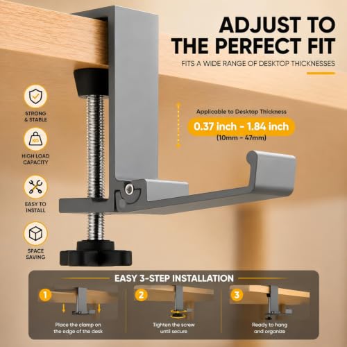 JAKO Aluminum Alloy Headphone Stand for Desk, Foldable Headphone Holder - Headset Stand Hook Mount, PC Gaming Headset Holder Under Desk Clamp for Office, Computer, Student Class Table, Handmade Table - color: Grey