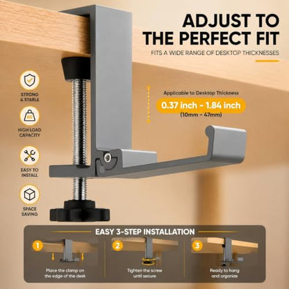 JAKO Headphone Stand for Desk, Aluminum Alloy Foldable Headphone Holder - Headset Stand Hook Mount, PC Gaming Headset Holder Under Desk Clamp for Office, Computer, Student Class Table, Handmade Table
