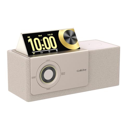 GoldJoy 7 in 1 Bluetooth Speaker Wireless Charging Station for Home Gift | Sound with Punchy Bass, Sunset Lamp & White Noise for Sleep, Smart Flip-Up LCD Display, Clock Syncs Phone's Time and Date - color: Beige