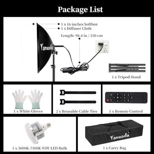 16"x16" Softbox Lighting Kit, 95W 3000K-7500K Dimmable LED Studio Light with Remote Control, Adjustable Stand & Carry Bag for YouTube Video, Streaming, Zoom Calls - size: 1-Pack