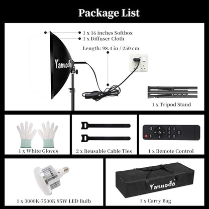 16"x16" Softbox Lighting Kit, 95W 3000K-7500K Dimmable LED Studio Light with Remote Control, Adjustable Stand & Carry Bag for YouTube Video, Streaming, Zoom Calls - size: 1-Pack