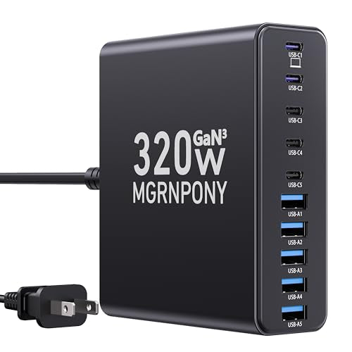 320W USB C Charger Block, 10-Port GaN USB C Charging Station Black | PD 65W Laptop Fast Charger Adapter for MacBook Pro/Air, DELL, iPad, iPhone, Samsung Galaxy - color: Black