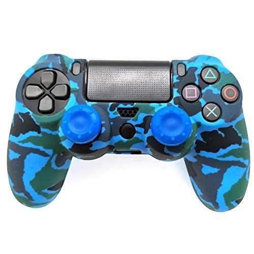 Silicone Skin Cover for Ps4 Controller (1pc Anti-Slip Case, 1 Pair L2 R2 Trigger Extender, 4pcs Thumb Grips,4pcs LED Light Bar Decal) Protector for DualShock PS4/ Slim/Pro Controller (Blue camouflage) - color: Blue camouflage