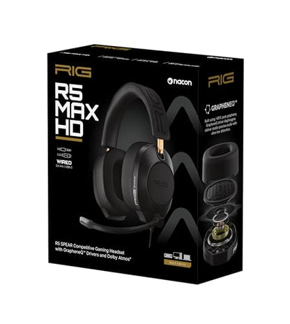 RIG R5 Spear MAX HD Wired PC Gaming Headset | 40mm GrapheneQ™ Drivers, USB-C Audio DAC, Dolby Atmos 3D Audio, Detachable Noise-Canceling Mic, Memory Foam, 3.5mm, USB-C - color: Black