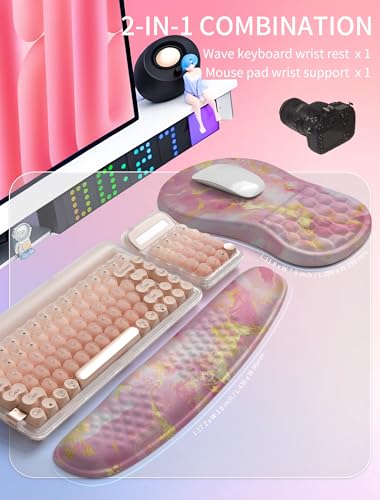 Hokafenle 2in1 Combination, Wave Keyboard Wrist Rest and Ergonomic Curvature Mouse Pad Wrist Support for Relieve Wrist Pain, Filled with Soft Cushion Memory Foam, Golden Pink Marble - color: Golden Pink Marble