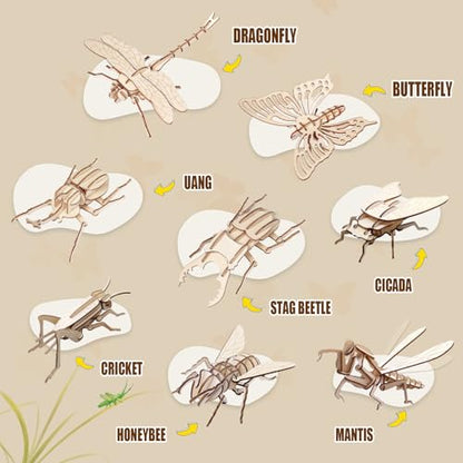 ELX Wooden 3D Puzzles for Kids 6+, 8 Piece Set Insect Animal Models, Wood Building Kits DIY Wooden Crafts Stem Toys peresents for Kids and Adults - style: 3D-Insects