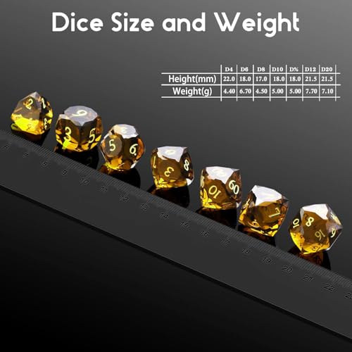 Crystal Multifaceted Polyhedral Dice Set 7 PCS for DND, RPG Tabletop Gaming, Collectors | Tinbox Packing, Gemstone Effect Dice (Amber) - color: Amber