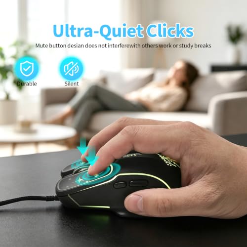 Wired Gaming Mouse, Lightweight USB Optical Computer Mice with 7 Buttons, 4 Adjustable DPI (1200-7200), Ergonomic Shape for Computers and Laptops, Black - color: Black