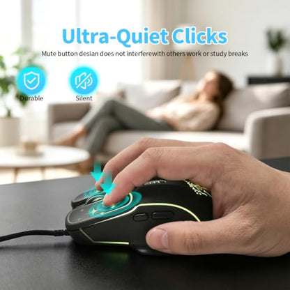 Wired Gaming Mouse, Lightweight USB Optical Computer Mice with 7 Buttons, 4 Adjustable DPI (1200-7200), Ergonomic Shape for Computers and Laptops, Black - color: Black