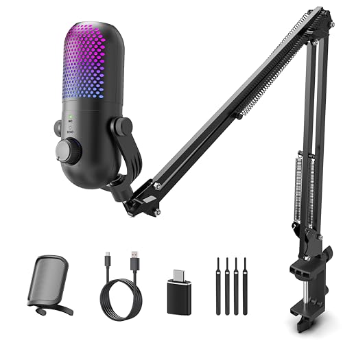 USB Microphone for PC Gaming: Gaming Equipment Condenser Microphone RGB for Gamer with Boom Arm Mic - Recording Mic for Computer & Laptop with Mute - Desk Podcast Mic for Podcast & Streaming & Youtube - style: Black with Boom Arm