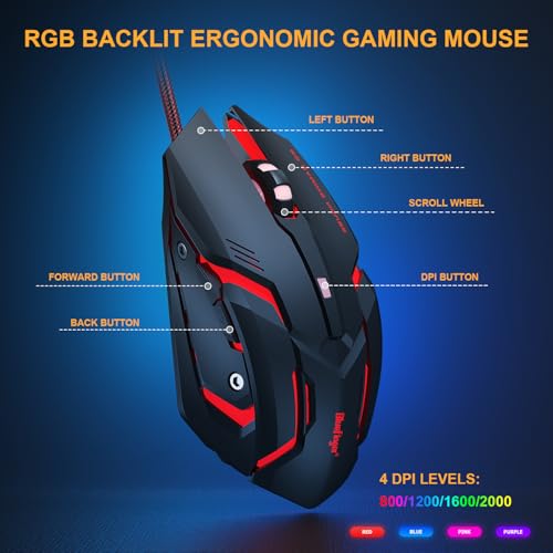 BlueFinger 60% Mechanical Gaming Keyboard and Mouse Combo - RGB Rainbow Backlit 61 Keys Red Switch Keyboard & 4 DPI LED Gaming Mouse, USB Wired Set for PC Laptop Xbox PS4 PS5, Black - color: Black