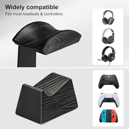 UPERGO Solid Wood Headphone Stand with Controller Holder for Desk | Natural Solid Wood, Holds 1 Headset & 1 Controller, Gamer Gifts for Men, Gaming Desk Accessories for PS5/Xbox/Switch
