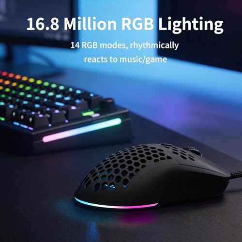 MR.FOX M1 Ultralight Honeycomb Gaming Mouse Wired, 75g Lightweight, 12,800 DPI Optical Sensor, RGB Lighting with Music Sync, 6 Programmable Buttons, Braided Cable, Gaming Mouse for PC/Mac, Black - color: Black