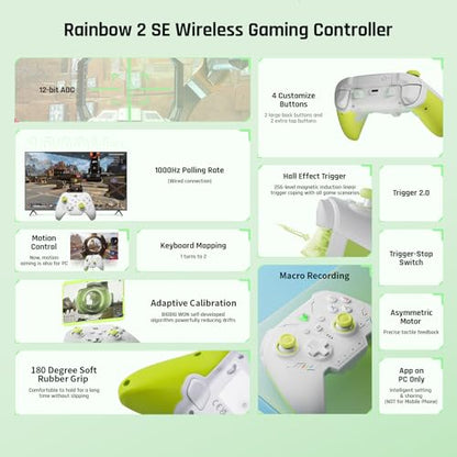 BIGBIG WON PC Controllers for Gaming, Rainbow 2 SE Wireless Controller Motion Aim, Hall Effect Trigger, 12-bit ADC, 3 Sets Joysticks, 4-way&8-way D-pad Controller for Switch/PC/Android/iOS - color: E.Rainbow2SE-Green
