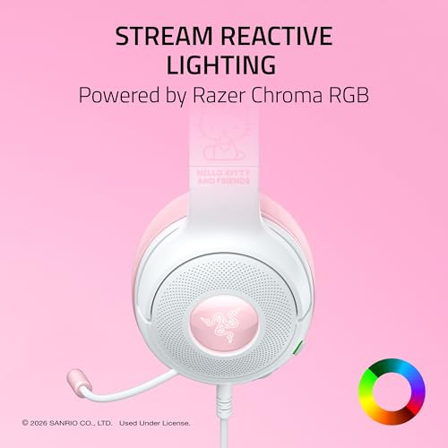 Razer Kraken Kitty V2 USB Wired Headset w/Kitty Ears, Hello Kitty Edition | Chroma RGB Stream Reactive Lighting, HyperClear Cardioid Mic, 7.1 Surround Sound, TriForce 40mm Drivers
