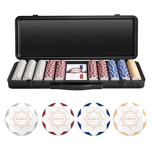 SLOWPLAY Nash Clay Poker Set, 14g&40mm Poker Chips for Texas Hold'em | White Gold Edition; 500 pcs Non-Numbered Set; premium case with PC Shell; clay composite poker chips; Art Deco style - color: White Gold, size: 500PCS Non-Numbered Set