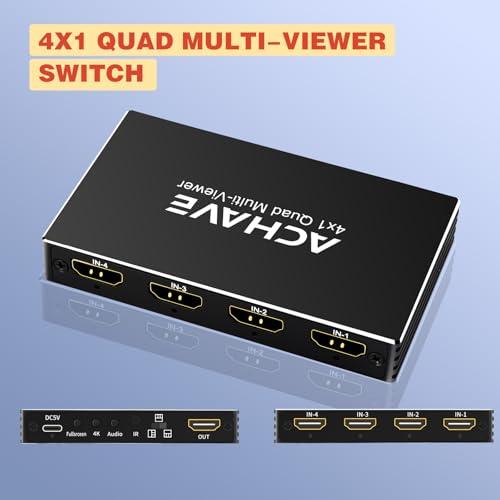 ACHAVE 4x1 HDMI Multiviewer Switch 2x1 3x1, 4K@30Hz 1080P@60Hz Quad Screen Splitter with 10 Display Modes, Seamless Switching, IR Remote Control, Compatible with Laptop, Xbox, TV Box