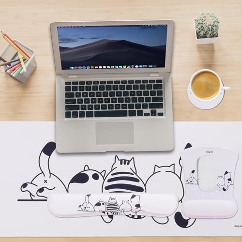 MEGREZ 4-in-1 Mouse Pad with Wrist Rest Ergonomic Memory Foam Desk Mat Set | ergonomic, anti-slip base, 4pcs set, desk pad, mouse wrist rest, keyboard rest, coaster, ideal for office & gaming - color: Beige
