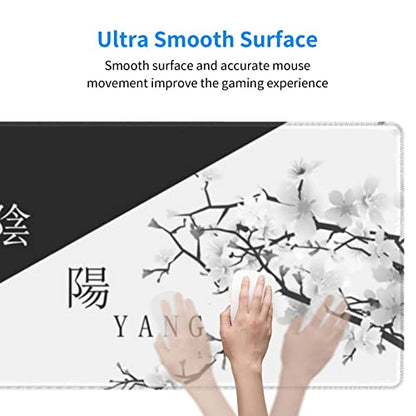 Japanese Black White Cherry Blossom Gaming Mouse Pad XL Extended Large Mousepad with Nonslip Rubber Base Stitched Edges Laptop Computer Keyboard Desk Mat for Office Home Gamer - color: Japanese Black White Cherry Blossom, size: 31.5" x 11.8"