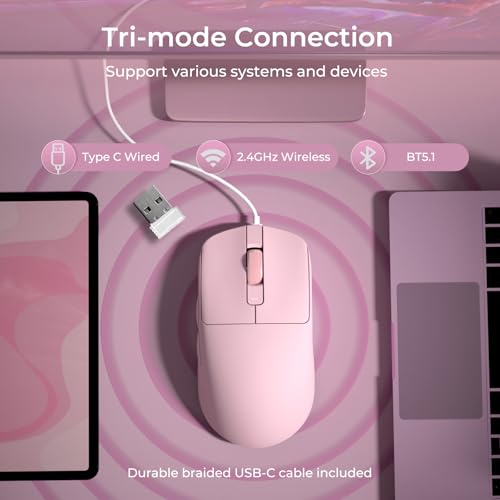 RK ROYAL KLUDGE RK M30 Wireless Gaming Mouse, 24000 DPI, 43g Ultra-Lightweight, PAW3311 Sensor, 2.4G/Bluetooth/USB-C Rechargeable Wireless Mouse with 5 Programmable Buttons for PC/Mac, Pink - color: pink