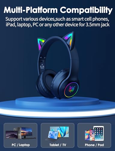 Cat Ear Bluetooth Headphones for Kids & Adults, 55H Play Time, Wireless Foldable & Wired Multi-Function LED Light Up Over Ear Headphones with Mic and Volume Control for iPhone/iPad/Laptop/PC - style: Adults-105dB-Black