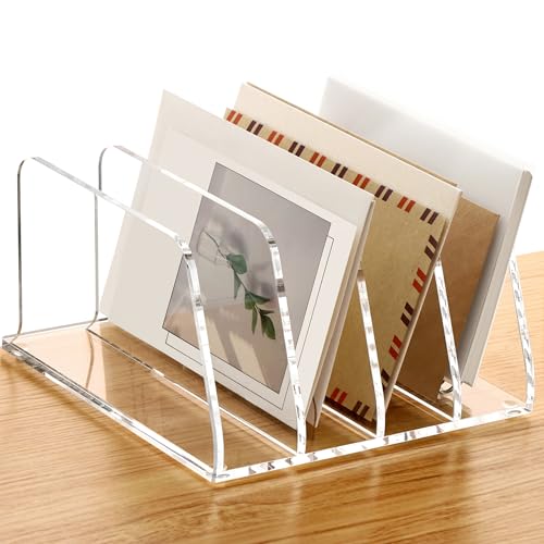 SANRUI Acrylic Mail Sorter Desktop Organizer, 4 Compartments Clear Small File Script Letter Document Storage for Desk Bill Filling Envelope Holder Office, Home, School Organization - size: 4 Compartments Tilted Enlarge